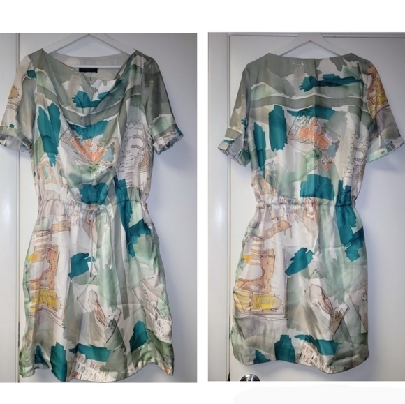 Piazza Sempione Silk Watercolor Italian Monuments Print Drawstring Dress Size S - Picture 16 of 16